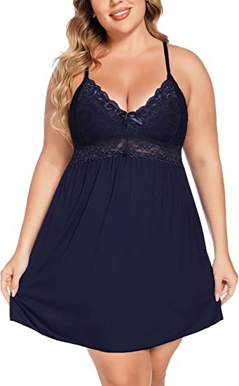 Photo 1 of Ababoon Plus Size Lingerie for Women Lace Modal Chemises Nightgown V-Neck Full Slip Babydoll Sleepwear Size 4XL
