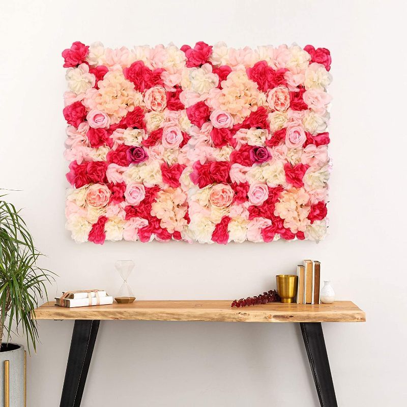 Photo 1 of  Artificial Flower Wall Panels 3D Faux Floral Panel 24" X 16" Silk Rose Mat for Wedding Party Bridal Baby Shower and Event Décor-Red