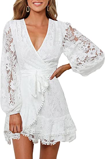 Photo 1 of FARYSAYS Womens Lace Wrap Mini Dresses Floral V Neck Ruffle Short Dress with Belt - LRG
