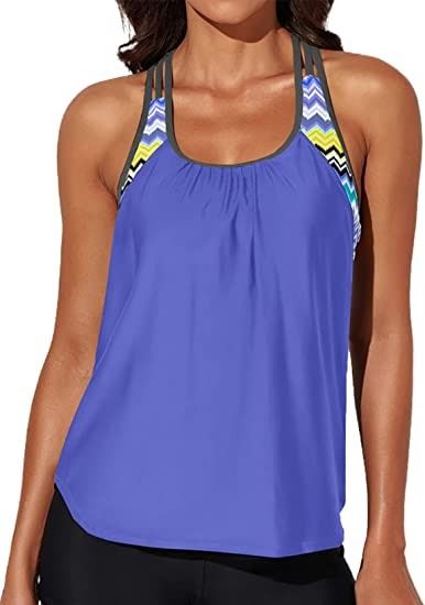 Photo 1 of Aleumdr Womens Striped Printed Strappy Racerback Tankini Swim Top & BLACK BOTTOM - SIZE : 2XL