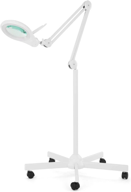 Photo 1 of  LED Magnifying Floor Lamp, 5 Diopter with 20 Diopter, Dimmable, 5 Inches Diameter Lens, Adjustable Arm Magnifier (with Rolling Base, White)