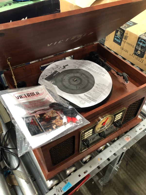 Photo 2 of Victrola Nostalgic 6-in-1 Bluetooth Record Player & Multimedia Center with Built-in Speakers - 3-Speed Turntable, CD & Cassette Player, FM Radio | Wireless Music Streaming | Mahogany
