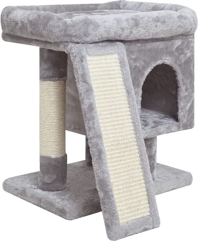 Photo 1 of  Small Cat Tree for Indoor Cats, Modern Cat Activity Tower with Plush Perch, Kittens Condo with Scratching Post and Board, Cat Cave (Light Grey)