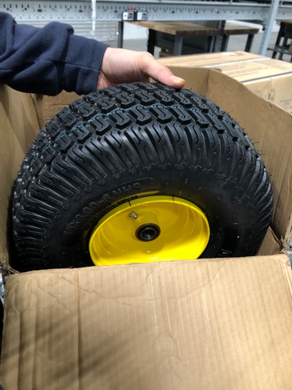 Photo 3 of MaxAuto 2 Pcs Lawn Mower Tires 15x6.00-6 with Wheel for Riding Mowers, 3" Offset Hub Long with 3/4" bearings, Pneumatic Tire