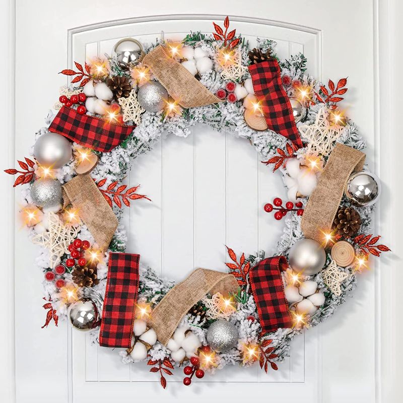 Photo 1 of *** USED IN LIKE NEW CONDITION *** Prelit Flocked Christmas Wreath with Ribbon and Ball Ornaments, 24 Inch Christmas Wreath with Lights Battery Operated 50 LED , Holiday Decoration for Outdoor Front Door Fireplace Xmas Decor
