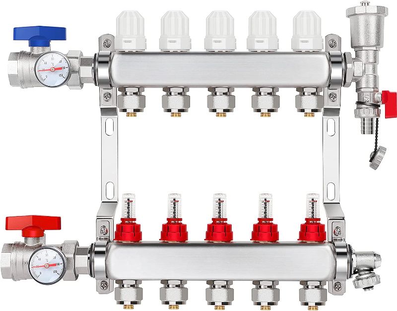 Photo 1 of 5-Branch Radiant Floor Heating Pex Manifold With Stainless Steel For 1/2" PEX Tubing,Set 5 Loop Radiant Floor Manifold