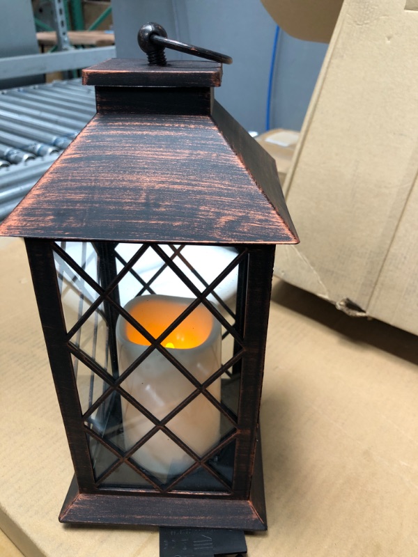 Photo 3 of 14" Cooper Brushed Vintage Decorative Candle Lantern with 4 Hours Timer (Batteries Included) Hanging for Indoor&Outdoor Flameless Candles (Set of 2)