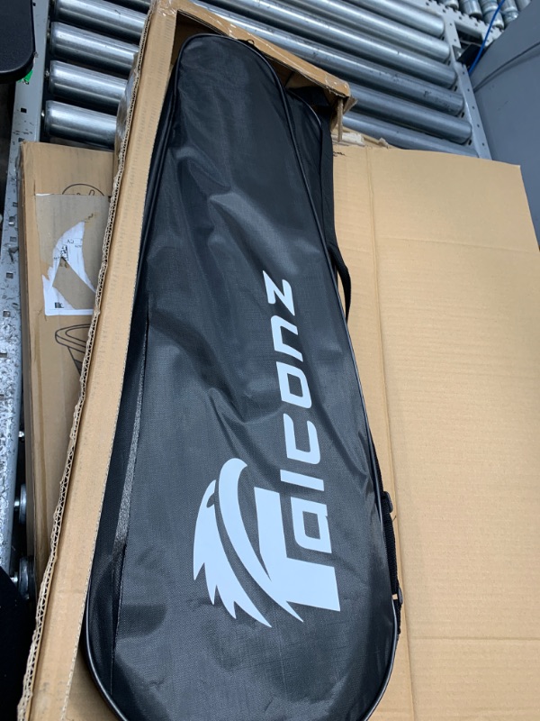 Photo 1 of Used / missing parts / minor cut Falconz Badminton Set - 4 Graphite-Glass Fiber Rackets (80g-84g), 12 Goose Feather Shuttlecocks and 2 Racket Bags