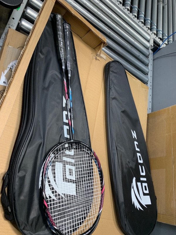 Photo 4 of Used / missing parts / minor cut Falconz Badminton Set - 4 Graphite-Glass Fiber Rackets (80g-84g), 12 Goose Feather Shuttlecocks and 2 Racket Bags