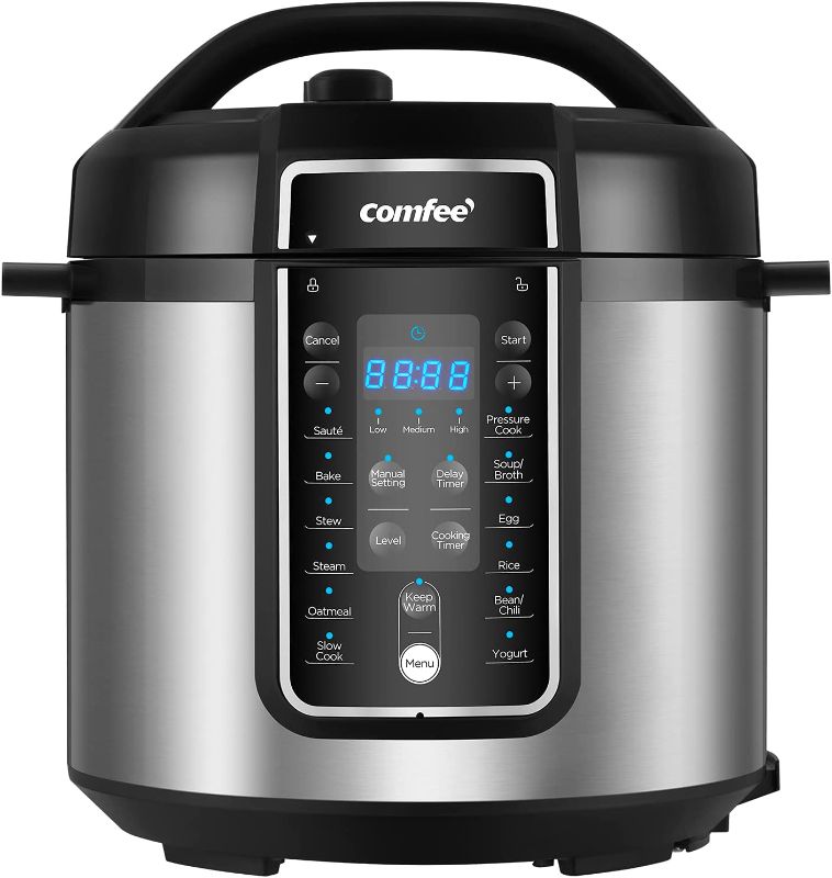 Photo 1 of **DENTED**COMFEE’ 6 Quart Pressure Cooker 12-in-1 & Rice Cooker, 8-in-1 Stainless Steel Multi Cooker, Slow Cooker, Steamer, Saute, and Warmer, 5.2 QT, 20 Cups Cooked(10 Cups Uncooked) Pressure Cooker + Rice Cooker, 8-in-1