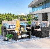 Photo 1 of ***INCOMPLETE*** Shintenchi 4-Piece Outdoor Patio Furniture Set, Wicker Rattan Sectional Sofa Couch, Black & Brightown