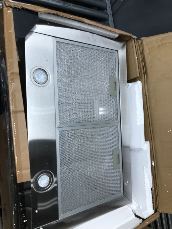 Photo 2 of ***Does not turn on and there is damage due to prior use, see pictures.*** 
Comfee CVP30W6AST Ducted Pyramid Range 450 CFM Stainless Steel Wall Mount Vent Hood with 3 Speed Exhaust Fan, 30 inches & CVG30W8AST 30 Inches Ducted Wall Mount Vent Range Hood