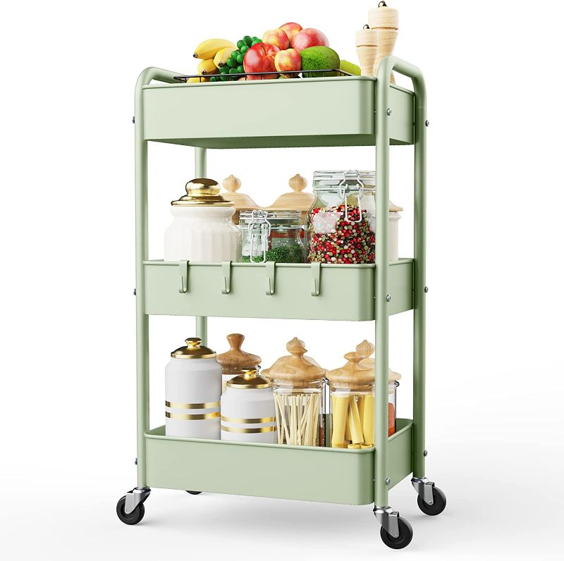 Photo 1 of  3 Tier Rolling Storage Cart, Metal Trolley Utility Cart with Wheels & Hooks, Easy Assembly Organizer Storage Cart for Bathroom Kitchen Office Bedroom (Green)