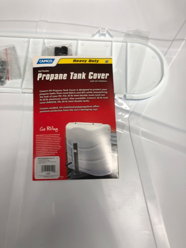 Photo 4 of Camco Dual RV Propane Tank Cover | Fits 20lb or 30 lb Steel Double Tanks | Polar White (40559)