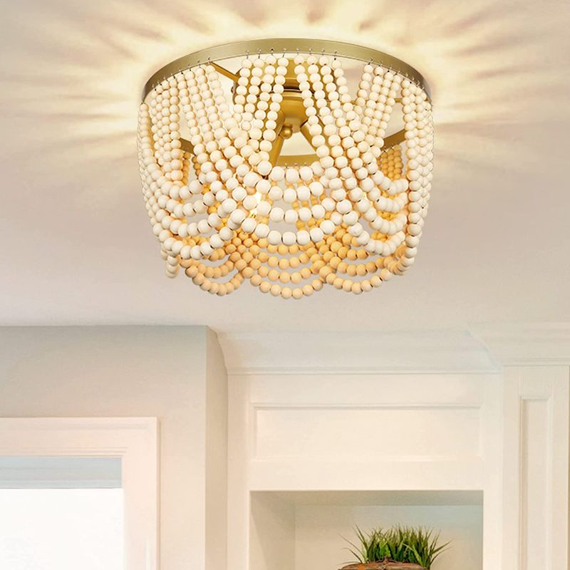 Photo 1 of 12.7" Boho Wood Beaded Light Fixture, 3-Light Gold Flush Mount Ceiling Light, Chandelier for Nursery Bedroom Girls Room Passway Closet Entryway
