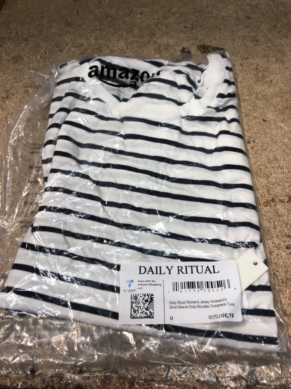 Photo 2 of Daily Ritual Women's Jersey Relaxed-Fit Short-Sleeve Drop-Shoulder Scoopneck Tunic Rayon Blend White/Navy, Stripe Medium