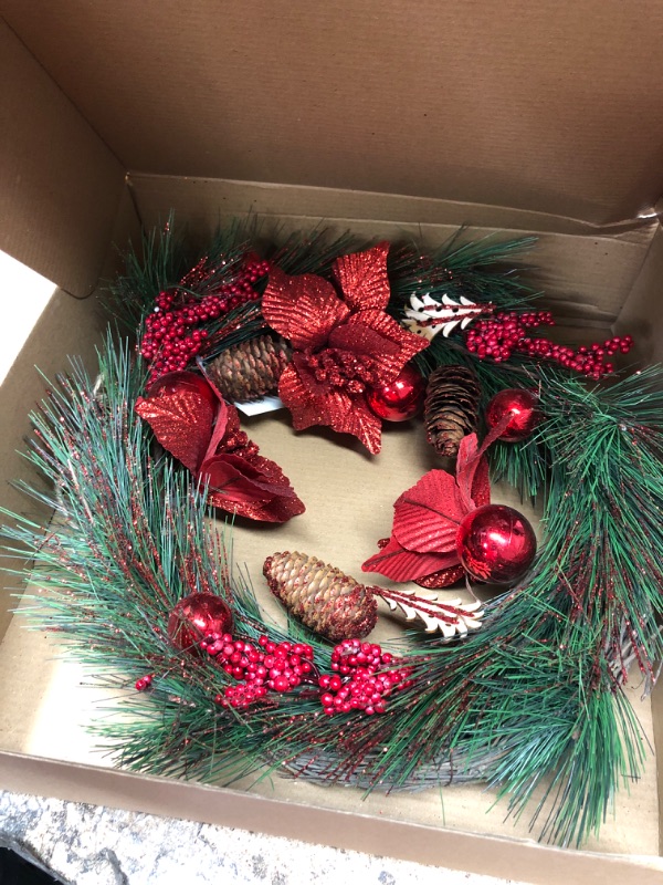 Photo 2 of 16" Christmas Wreath for Front Door with Poinsettia Pine Cones and PineNeedles, Red Berries, and Ball 16inches Wreath for Xmas Window Indoor Outdoor Wall Decoration, Winter Holiday Decoration 15.7" Poinsettia