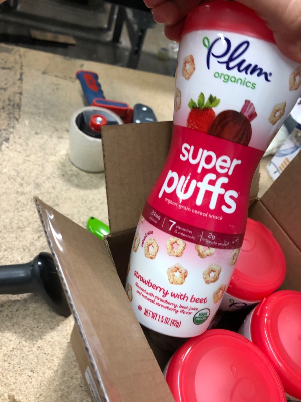 Photo 2 of ** EXPIRES FEB2023** Plum Organics Baby Food Pouch | Super Puffs | Strawberry With Beet | 1.5 Ounce | 4 Pack | Organic Food Squeeze for Babies, Kids, Toddlers