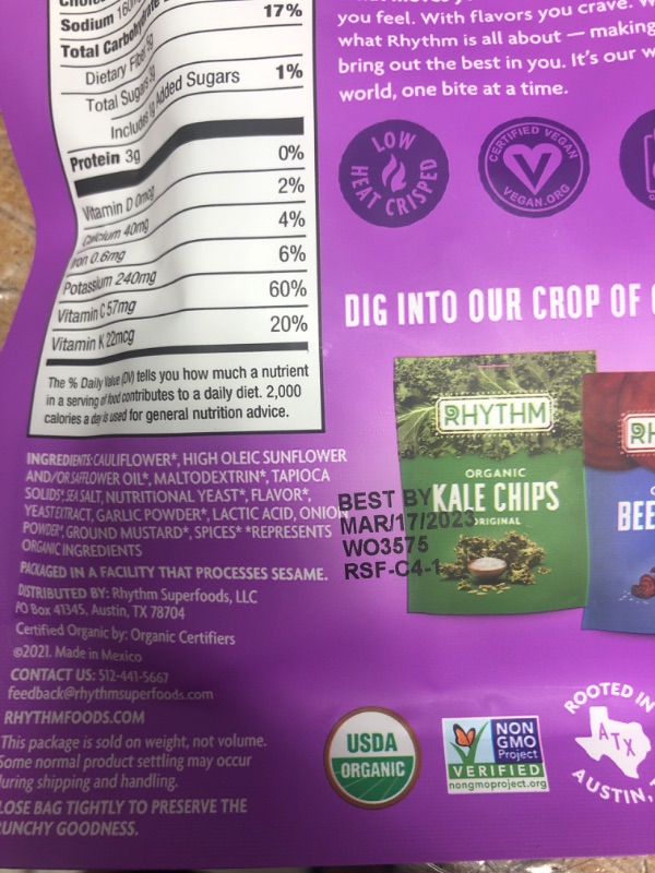Photo 1 of ***EXP MARCH 17 2023*** Rhythm Superfoods Crunchy Cauliflower Bites, White Cheddar, Organic & Non-GMO, 1.4 Oz, Vegan/Gluten-Free Vegetable Superfood Snacks PACK OF 8