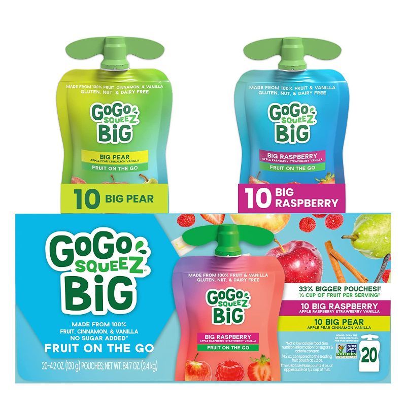 Photo 1 of *EXP6/7/23*GoGo BIG squeeZ Variety Pack, BIG Pear & BIG Raspberry, 4.2 oz. (Pack of 20), Unsweetened Fruit Snacks for Kids, Gluten Free, Nut Free and Dairy Free, Recloseable Cap, BPA Free Pouches
