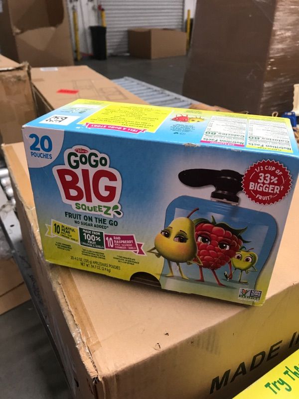Photo 1 of *EXP6/7/23*GoGo BIG squeeZ Variety Pack, BIG Pear & BIG Raspberry, 4.2 oz. (Pack of 20), Unsweetened Fruit Snacks for Kids, Gluten Free, Nut Free and Dairy Free, Recloseable Cap, BPA Free Pouches
