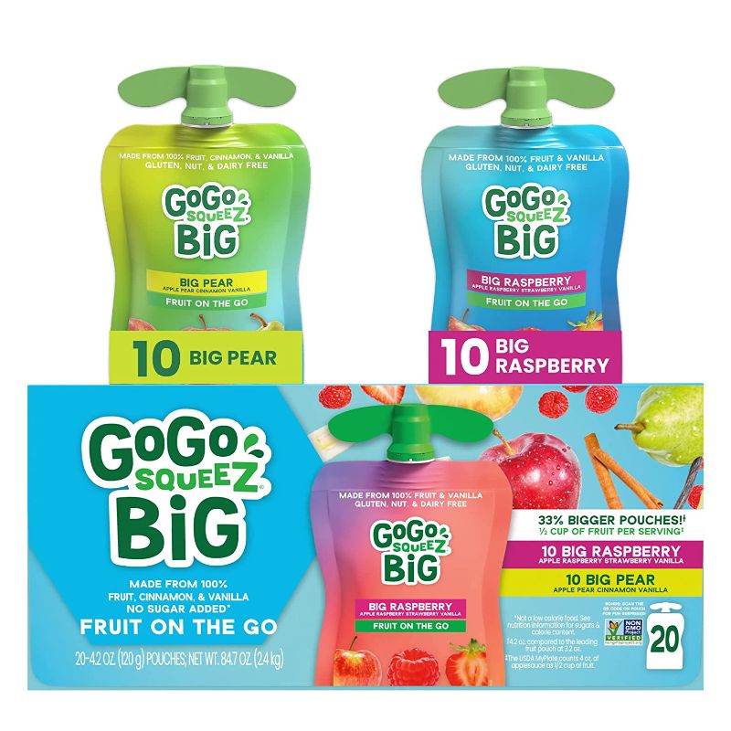 Photo 1 of *EXP6/7/23*GoGo BIG squeeZ Variety Pack, BIG Pear & BIG Raspberry, 4.2 oz. (Pack of 20), Unsweetened Fruit Snacks for Kids, Gluten Free, Nut Free and Dairy Free, Recloseable Cap, BPA Free Pouches
