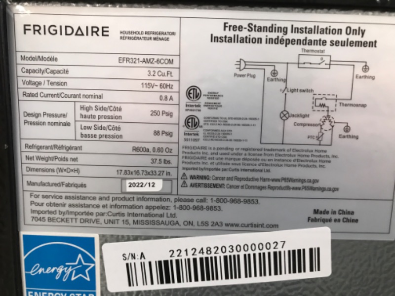 Photo 4 of Frigidaire EFR321-AMZ 3.3 cu ft Stainless Steel Mini Fridge, Perfect for Home or The Office, Platinum Series, 18.5"D x 20"W x 34"H