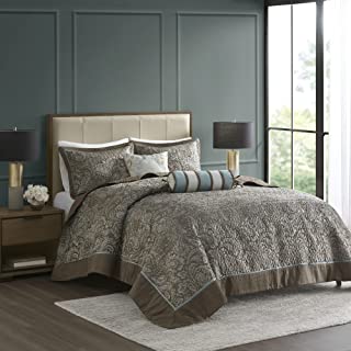 Photo 1 of Madison Park Aubrey Reversible Quilted Bedspread Set, Solid Reverse Summer Breathable, Lightweight All Season Bedding Layer, Matching Shams, Bedspread Queen(102"x118"), Blue 5 Piece
