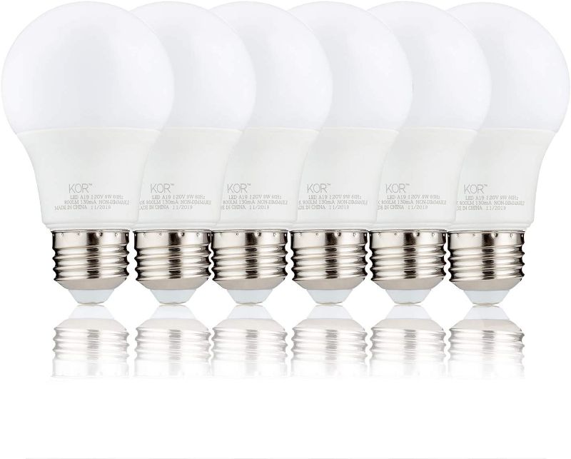 Photo 1 of KOR (Pack of 6) 9W LED A19 Light Bulb – (60W Equivalent), UL Listed, 4000K (Cool White) 750 Lumens, Non-Dimmable, LED 9-Watt Standard Replacement Bulbs, with E26 Base, 15000 Hours, Long Life
