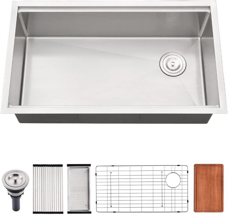 Photo 1 of *** READ COMMENT *** Jshozzy 30-inch Undermount Kitchen Sink Handmade 16 Gauge Stainless Steel Undermount Workstation Sink Deep R10 Single Bowl Kitchen Sink with Right Hand Offset Drain