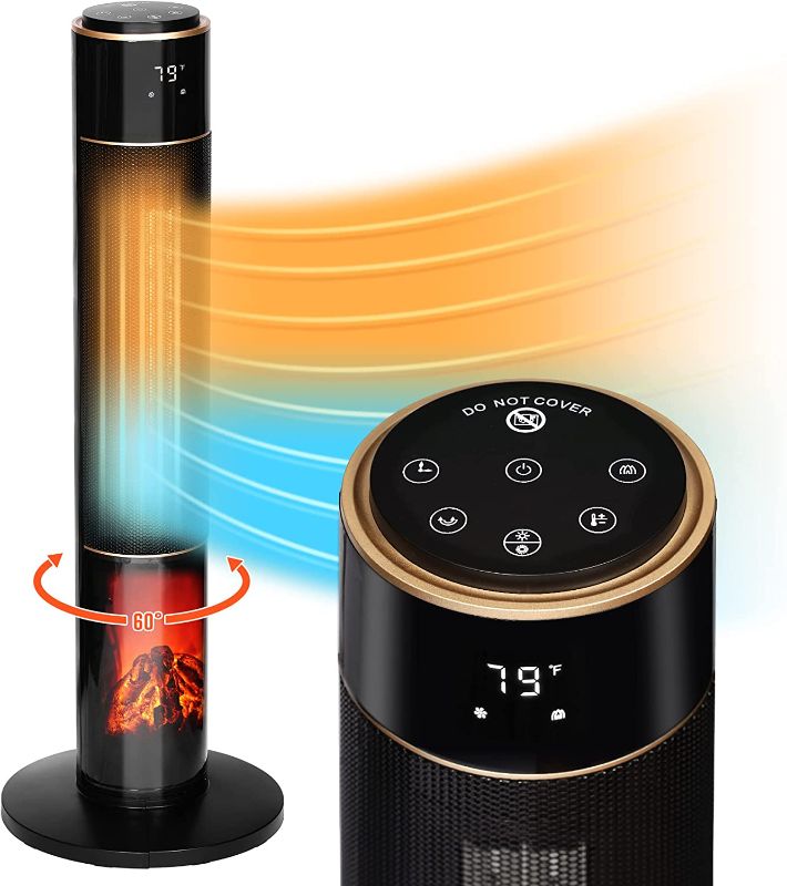 Photo 1 of *** POWERS ON *** Space Heater for Large Room, Tower Heater with 3D Electric Fireplace, 1500W Ceramic Heater with Thermostat, Remote Control, 60° Oscillation, Tip-over, 12H Timer, for Home, Office, Indoor Use