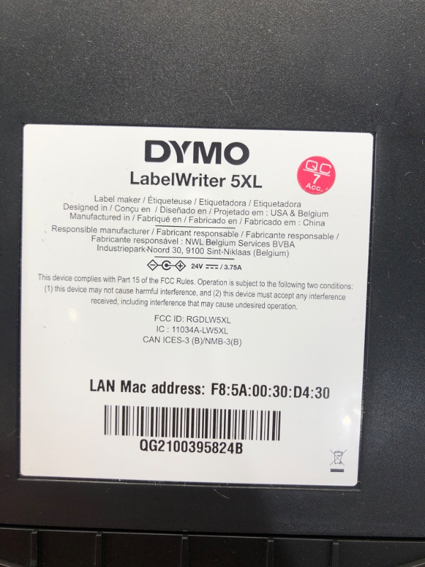 Photo 5 of **USED**
DYMO LabelWriter 5XL Direct Thermal Monochrome Wired Label Printer, Black - USB and Ethernet Connectivity, 62 Labels Per Minute, 300 dpi, 4.16" Print Width, 4 x 6 
(LABELS NOT INCLUDED)