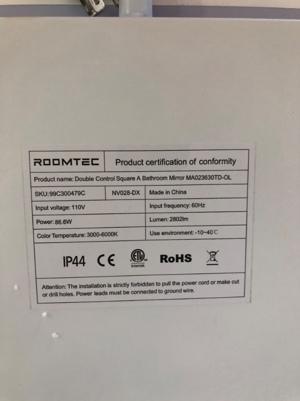 Photo 3 of *LIGHT DOES NOT TURN ON* ROOMTEC 36 x 30 Inches LED Bathroom Mirror with Front and Backlit,Anti-Fog,3 Colors and Dimmable Light(Horizontal/Vertical) 36*30 inch