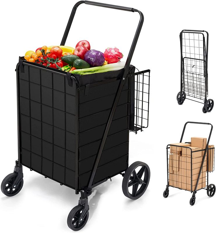 Photo 1 of *MISSING A WHEEL* HABUTWAY Folding Shopping Cart with Wheels 360 Degree Rolling Swivel Grocery Cart with Removable Oxford Cloth Liner Compact Utility Cart for Groceries Luggage Laundry,220lb Capacity
