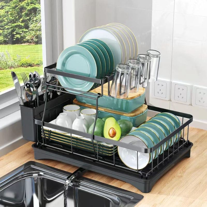 Photo 1 of *SIMILAR TO STOCK PHOTO* Dish Drying Rack, Dish Rack for Kitchen Counter, 2-Tier Dish Drainer with Glass Holder and Utensil Holder, Stainless Steel Dish Drying Rack with Drainboard. (Black)