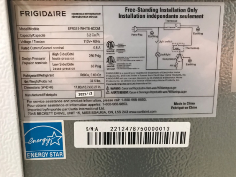 Photo 8 of **MINOR SHIPPING DAMAGE**FRIGIDAIRE EFR331-WHITE 3.2 Cu ft Eraser Board Mini Compact Dorm Fridge (White) 3.2 cu ft Fridge WHITE