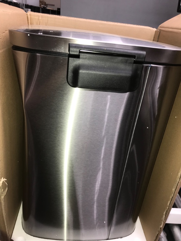 Photo 4 of **DENTED/ READ NOTES*** Amazon Basics 50 Liter / 13.2 Gallon Soft-Close, Smudge Resistant Trash Can with Foot Pedal - Brushed Stainless Steel, Satin Nickel Finish 50L / 13.2 Gallon