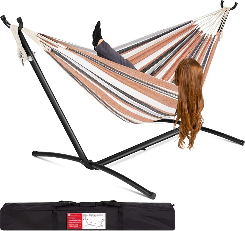Photo 1 of  2-Person Double Hammock with Stand Set, Indoor Outdoor Brazilian-Style Cotton Bed for Backyard, Camping, Patio w/Carrying Bag, Steel Stand, 450lb Weight Capacity - Desert Stripes