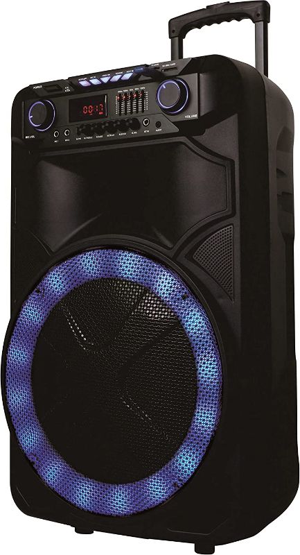 Photo 1 of *** TESTED DOES NOT POWER ON *** PARTS ONLY *** Norcent NSP-1500 15" Portable Bluetooth Speaker System, Dual 8” Subwoofer System Portable Bluetooth Party DJ Speaker w/Sound Activated Lights, 2100W, w/Remote and Wireless Microphone (NSP-1500)
