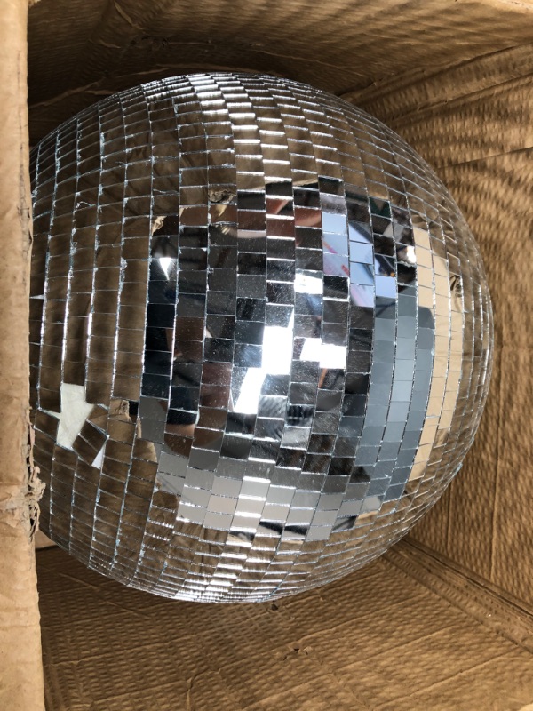 Photo 2 of (1) Large Disco Ball 16 Inch Glass Mirror Disco Party Ball Jumbo Ball with Hanging Ring Rotating Disco Ball for DJ Club Bar Stage Props Home Wedding Holiday Dance Music Festival Decoration, Silver