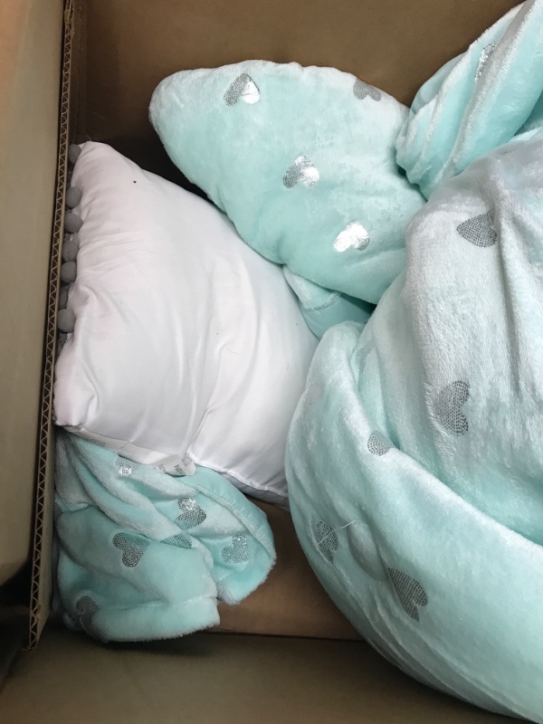 Photo 3 of **USED**   Mi Zone Rosalie Comforter Ultra-Soft Microlight Plush Metallic Printed Hearts Brushed Reverse Overfilled Down Alternative Hypoallergenic All Season Bedding-Set, Full/Queen, Aqua/Silver, 4 Piece Aqua/Silver Full/Queen