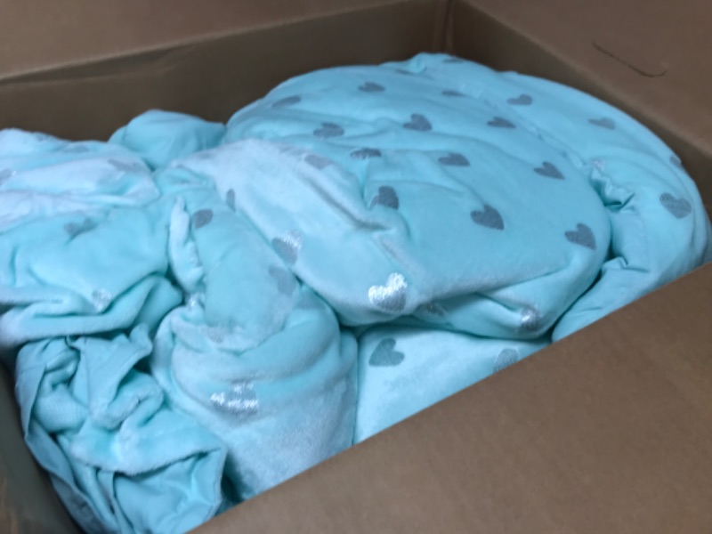 Photo 2 of **USED**   Mi Zone Rosalie Comforter Ultra-Soft Microlight Plush Metallic Printed Hearts Brushed Reverse Overfilled Down Alternative Hypoallergenic All Season Bedding-Set, Full/Queen, Aqua/Silver, 4 Piece Aqua/Silver Full/Queen