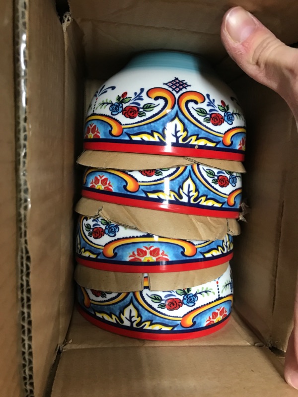 Photo 4 of **MISSING ITEMS**8   Euro Ceramica Zanzibar Collection 16 Piece Dinnerware Set Kitchen and Dining, Service for 4, Spanish Floral Design, Multicolor, Blue and Yellow & Zanzibar Chip and Dip Bowl, 2 Piece Set, Multicolor Dinnerware Set + Chip and Dip Bowl