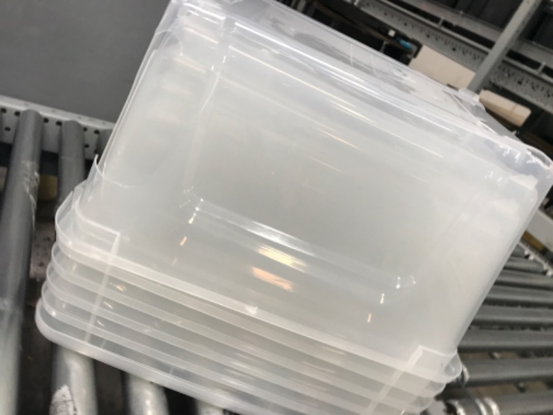 Photo 2 of **DAMAGED**   IRIS USA 32 Qt. Plastic Storage Bin Tote Organizing Container with Durable Lid and Secure Latching Buckles, Stackable and Nestable, 6 Pack, Crystal Clear 32 Qt. - 6 Pack, Crystal Clear