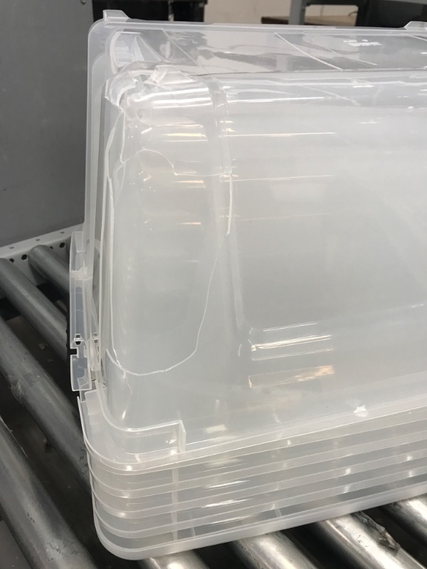 Photo 3 of **DAMAGED**   IRIS USA 32 Qt. Plastic Storage Bin Tote Organizing Container with Durable Lid and Secure Latching Buckles, Stackable and Nestable, 6 Pack, Crystal Clear 32 Qt. - 6 Pack, Crystal Clear