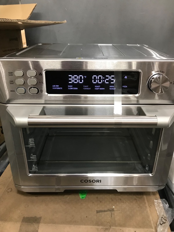 Photo 1 of COSORI Air Fryer Toaster Oven Combo, 12-in-1 Convection Ovens Countertop, Stainless Steel, Smart, 6-Slice Toast, 12-inch Pizza, with Bake, Roast, Broil, 75 Recipes&Accessories Tray, Basket, 26.4QT 25L+Air fryer stainless steel