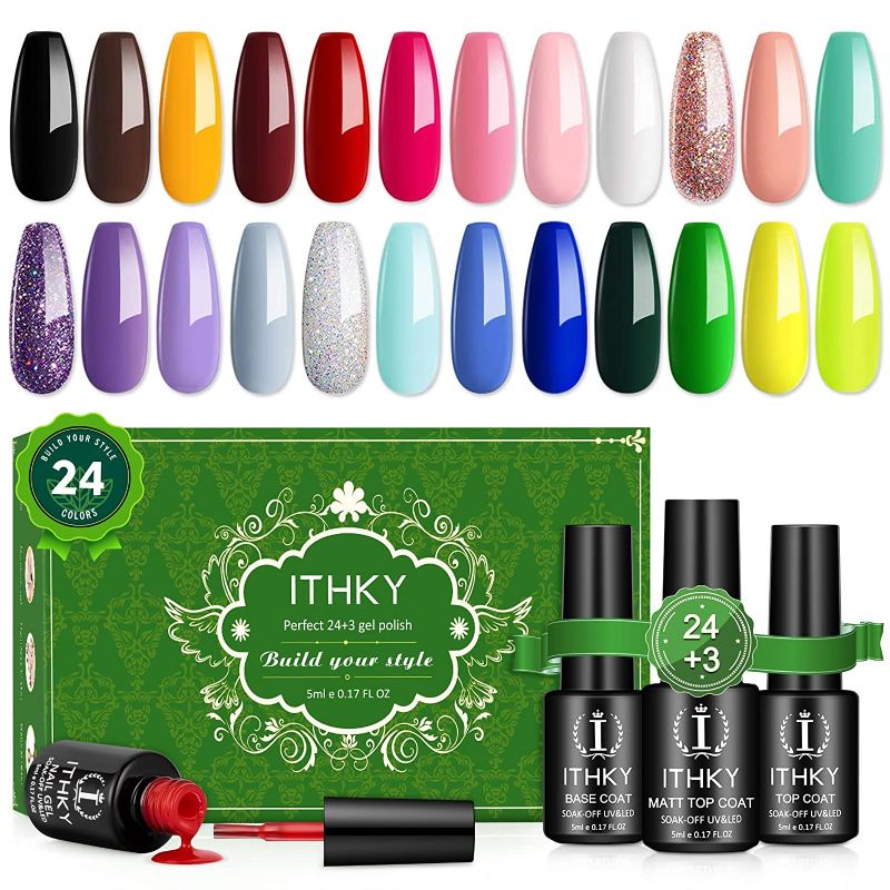 Photo 1 of **NEWWW  ****
ITHKY Gel Nail Polish Kit 27 Pcs Soak Off Nail Polish Set Pink Blue Green Yellow Nail Polish UV Led Gel Polish, Silver Glitter Gel Nail Polish with Base Coat and Glossy & Matte Top Coat Gift
