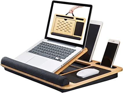 Photo 1 of Bamboo Laptop Lap Desk Angle Adjustable, Sofa Bed Desk Portable with Cushion and Soft Wrist Pad, Laptop Stand with Mouse Pad and Tablet & Phone Hoder (Natural Bamboo for Desk Black for Cushion)