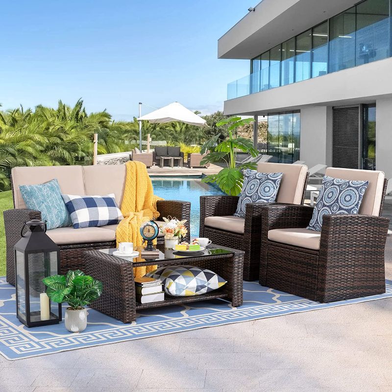 Photo 1 of (TABLE ONLY)Shintenchi Outdoor Patio Furniture 4 Piece Set, Wicker Rattan Sectional Sofa Couch with Glass Coffee Table | Brown
