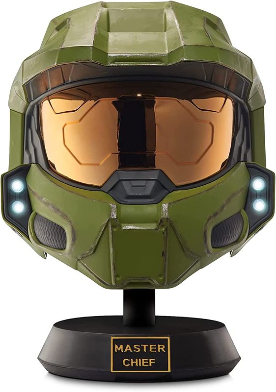 Photo 1 of HALO Master Chief Deluxe Helmet with Stand - LED Lights on Each Side - Battle Damaged Paint - One Size Fits Most - Build Your Halo Universe, Green